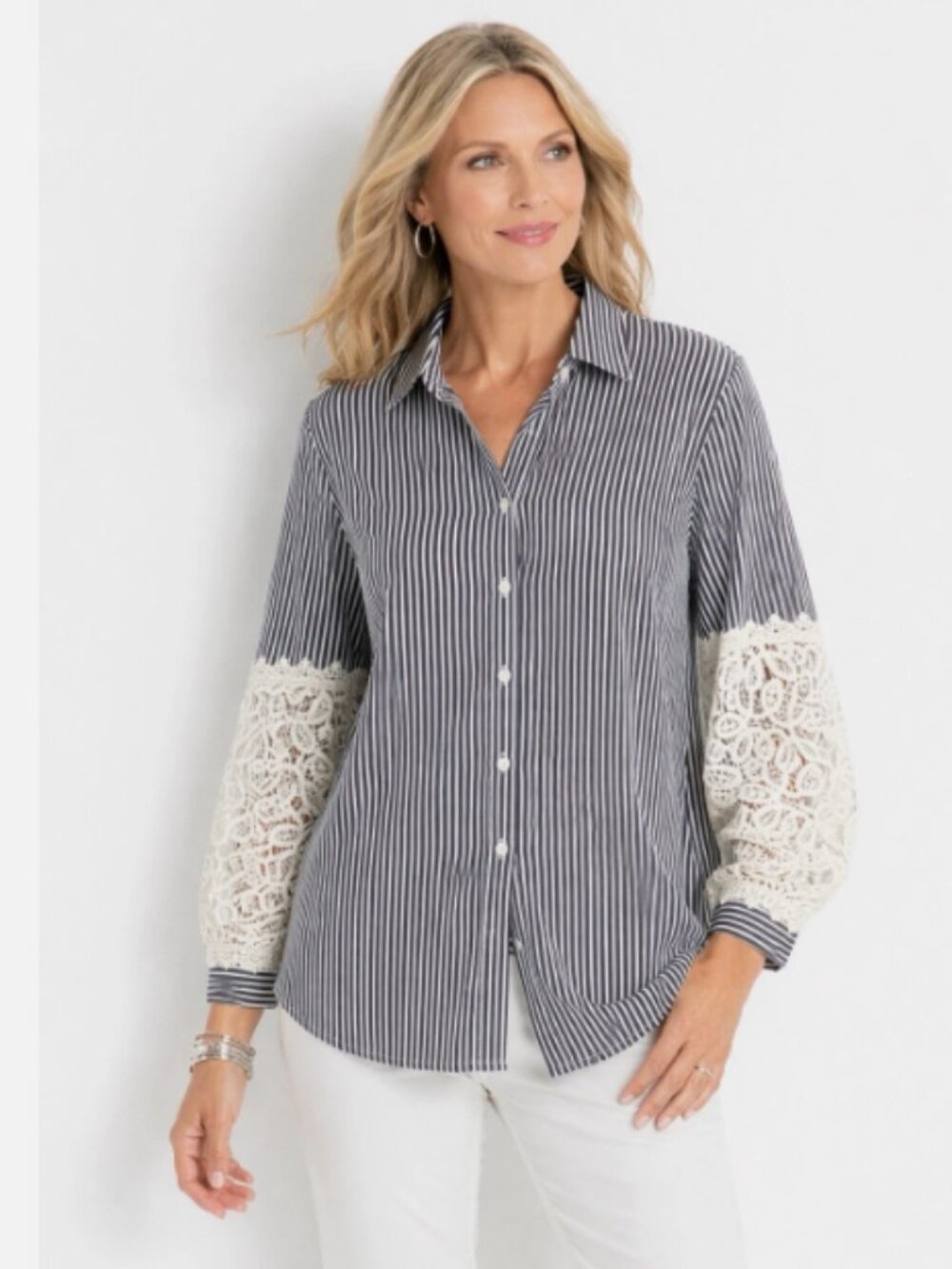 Chico's Poplin Stripe Crochet Sleeve Shirt Size 2 (12)